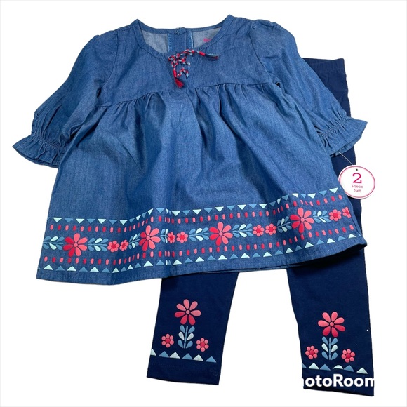 NWT Nannette floral printed chambray babydoll top with navy blue legging Size 3T - Picture 1 of 7